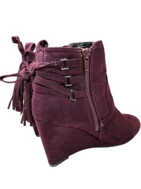 Women’s Burgundy Suede Wedge Ankle Boots with Tassel Detail